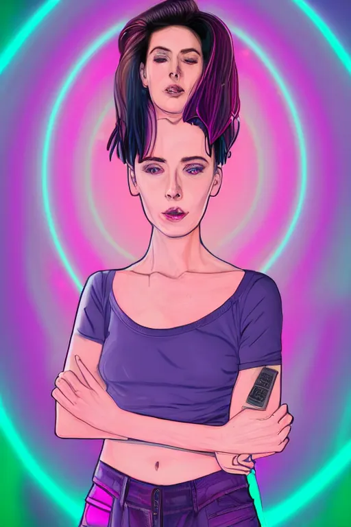 Prompt: a award winning half body portrait of a beautiful kristen ritter in a croptop and cargo pants with ombre purple pink teal hairstyle and hands in pockets by ari liloan, surrounded by whirling illuminated lines, outrun, vaporware, shaded flat illustration, digital art, trending on artstation, highly detailed, fine detail, intricate