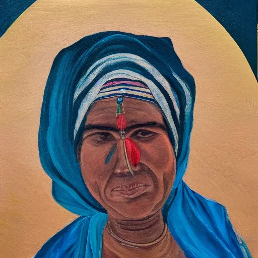 Prompt: a nepali woman wearing a white shawl, sad, oil painting