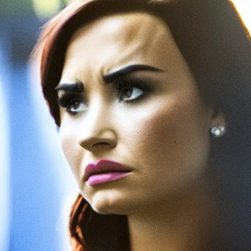 Image similar to close-up of Demi Lovato as a Diana Scully in an X-Files movie directed by Christopher Nolan, movie still frame, promotional image, imax 35 mm footage