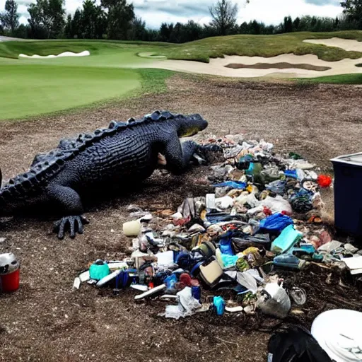 Image similar to one large alligator chained up next to a very large mound of trash, papers, junk, and golf cart parts