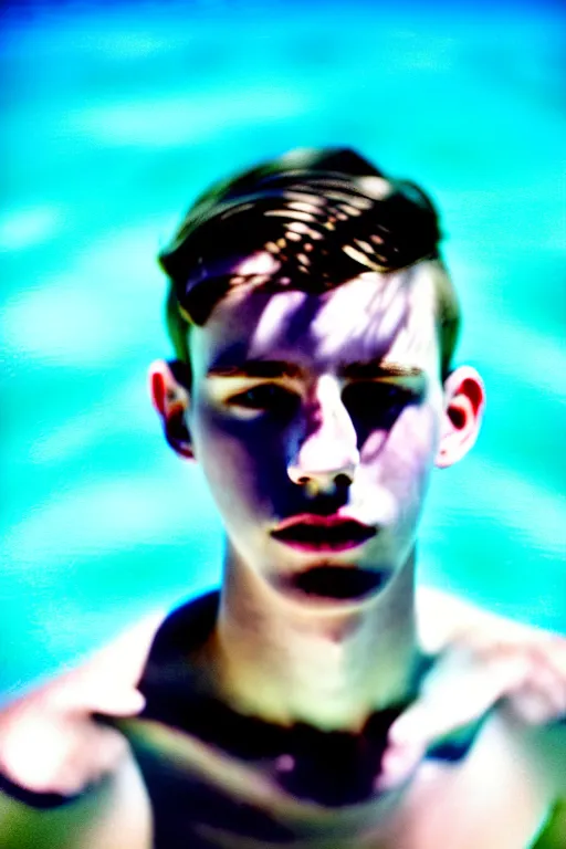 Image similar to high quality pastel coloured film mid angle docu photograph of a beautiful young 2 0 year old male, soft features, short black hair, swimming in an icelandic black rock pool environment. atmospheric. three point light. photographic. art directed. ( pastel colours ). volumetric light. clearcoat. waves glitch. 8 k. filmic.