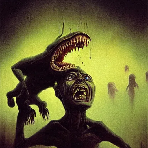 Prompt: a demonic alien screaming next to a baby nursery, beksinski, dariusz zawadzki