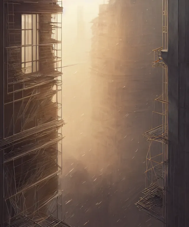 Prompt: view from a window of a construction site by charlie bowater and anna dittmann and artgerm and clemens ascher, intricate, elegant, beige mist, highly detailed, dramatic lighting, sharp focus, octane render, trending on artstation, artstationhd, artstationhq, unreal engine, 4 k, 8 k