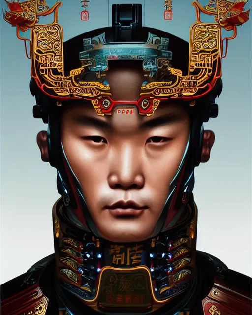 Image similar to portrait of a chinese masculine male cyberpunk machine, machine face, upper half portrait, decorated with chinese opera motifs, muscular, asian, fine china, wuxia, traditional chinese art intricate intense elegant 京 剧 highly detailed digital painting artstation concept art smooth sharp focus illustration, art by artgerm and greg rutkowski alphonse mucha 8 k