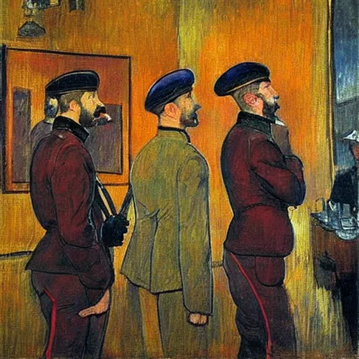 Prompt: modern red berets soldiers inside of a pub, painting by toulouse - lautrec, by valentin serov tretiakov gallery, soldiers wearing tactical clothing, 2 1 st century, cinematic, award winning