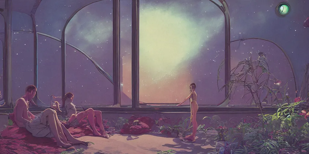 Image similar to illustrated figures relaxing in 90s interior with organic circular windows, natural starlight, bright colors, romantic greenery, flowers, cinematic, cyberpunk, smooth, chrome, lofi, nebula, calming, dramatic, fantasy, by Moebius, by zdzisław beksiński, fantasy LUT, studio ghibli, high contrast, epic composition, sci-fi, dreamlike, surreal, angelic, 8k, unreal engine, hyper realistic, fantasy concept art,