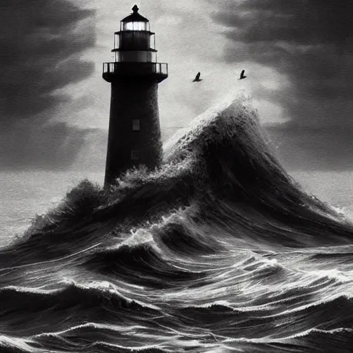 Image similar to lighthouse, ocean, two loons, crashing waves, light, black and white, tattoo art, dramatic lighting, illustration by Greg rutkowski, yoji shinkawa, 4k, digital art, concept art, trending on artstation