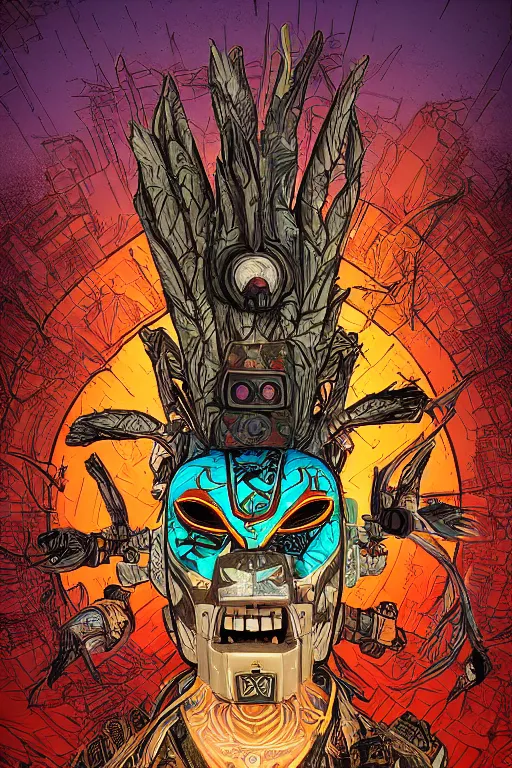 Image similar to totem tribal vodoo mask feather gemstone global illumination ray tracing hdr that looks like it is from borderlands and by feng zhu and loish and laurie greasley, victo ngai, andreas rocha, john harris