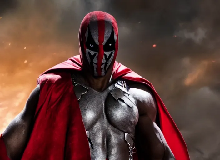 Image similar to film still of michael b jordan as spawn in the new spawn movie, giant chains, large cape, 8 k