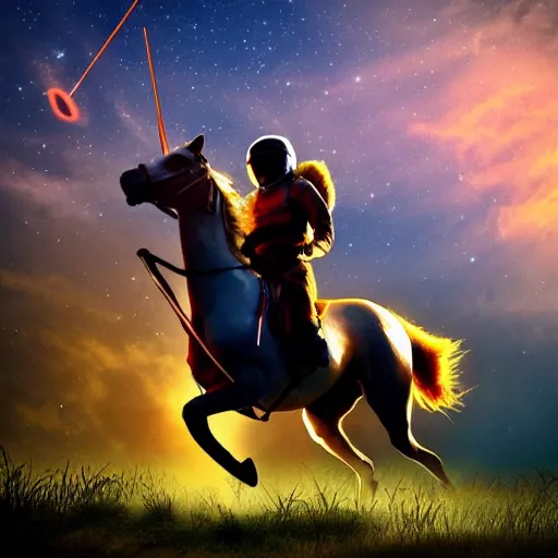 Image similar to arrows struck astronaut riding a horse in a fantasy forest, landscape, evening ambience, sunset, cinematic, digital art, front lit, epic, cinematic
