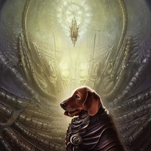 Prompt: low angle shot of a dog by clive barker, intricate, elegant, highly detailed, centered, digital painting, artstation, concept art, smooth, sharp focus, illustration, artgerm, Tomasz Alen Kopera, Peter Mohrbacher donato giancola, Joseph Christian Leyendecker, WLOP, Boris Vallejo.