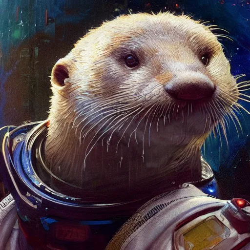 Image similar to hyperrealistic portrait of an athropomorphic otter wearing an astronaut outfit, bladerunner street, art of elysium by jeremy mann and alphonse mucha, fantasy art, photo realistic, dynamic lighting, artstation, poster, volumetric lighting, very detailed face, 4 k, award winning, cinematic lighting, deviantart, artstation, cg society