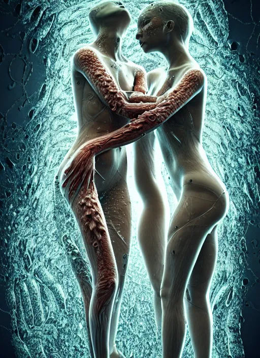 Image similar to beautiful human bodies intertwined, 3 d fractals, mandelbulb, dripping wet, skin, highly detailed, hyperrealism, cinematic