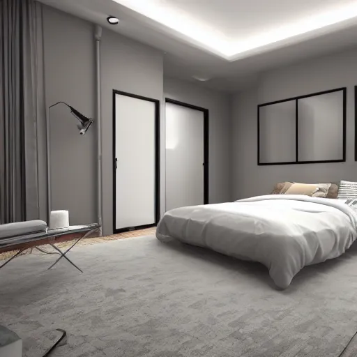 Image similar to realistic unreal engine render of an open bedroom,