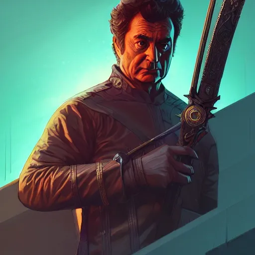 Prompt: columbo with sword and shield, intricate artwork by artgerm, greg rutkowski, and kilian eng, symmetrical digital illustration, hyper detailed, super sharp, crisp, smooth, vibrant colors smooth gradients, depth of field, aperture f 1. 2