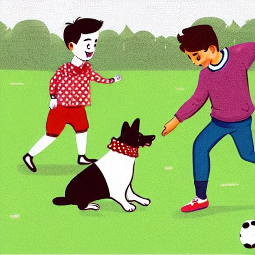 Image similar to illustration of french boy in paris playing football against a corgi, the corgi is wearing a polka dot scarf