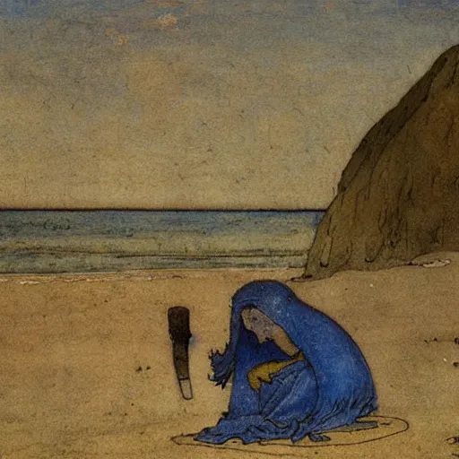 Image similar to a middle ages painting of a beach by john bauer