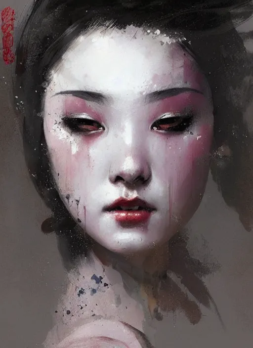 Image similar to female geisha girl, beautiful face, by greg rutkowski, by jeremy mann, digital painting