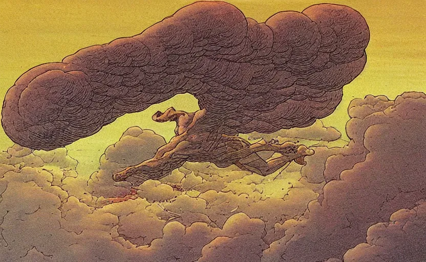 Image similar to anunnaki on a nimbus cloud, by moebius,