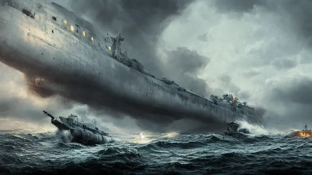 Prompt: soviet submarine kursk destroyed by giant massive kraken, stormy ocean in the right background, stormy weather, intricate, detailed, volumetric lighting, sharp focus, scenery, digital painting, highly detailed, concept art, ruan jia, steve mccurry