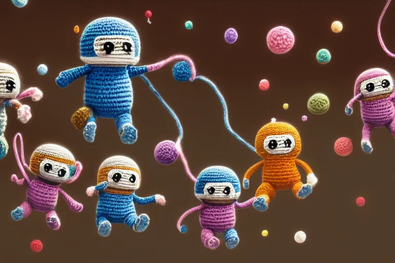 Image similar to an expedition of crochet cute astronauts climbing a yarn wall. cute, illustration, digital art, inspired by little big planet, by greg rutkowski, detailed, sharp, masterpiece, highly detailed, photorealistic, octane render, 8 k, unreal engine 5, trending on artstation, vivid colors, cinematic, close up