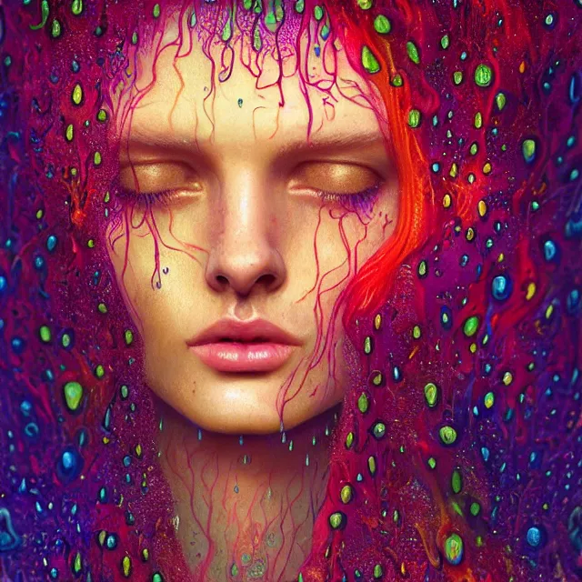 Prompt: bright portrait surrounded by psychedelic mushrooms with rain on face and wet hair, diffuse overhead lighting, fantasy, intricate, elegant, dramatic lighting, highly detailed, lifelike, photorealistic, digital painting, artstation, illustration, concept art, smooth, sharp focus, art by John Collier and Albert Aublet and Krenz Cushart and Artem Demura and Alphonse Mucha