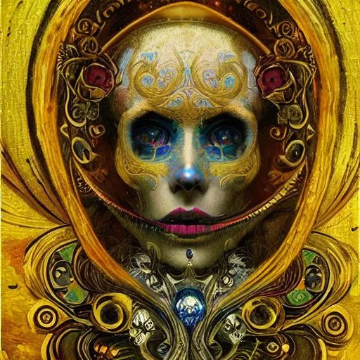 Image similar to Memento Mori by Karol Bak, Jean Deville, Gustav Klimt, and Vincent Van Gogh, beautiful visionary mystical portrait, calavera, otherworldly, fractal structures, ornate gilded medieval icon, third eye, spirals, sugar skull by Van Gogh