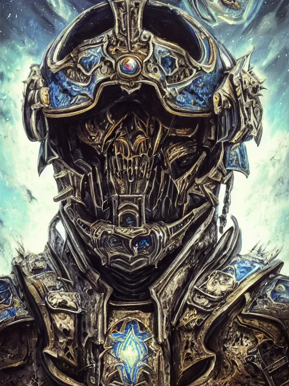 Prompt: portrait art of 8k ultra realistic undead lich king space marine , intricate high tech helmet , detailed intricate ornate space suit,decaying, cybernetic, full of colour, cinematic lighting, battered, trending on artstation, 4k, hyperrealistic, focused, extreme details,unreal engine 5, cinematic, masterpiece, art by ayami kojima, giger