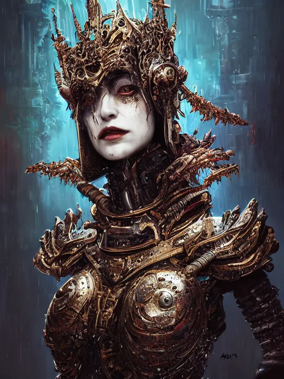 Image similar to portrait art of 8k ultra realistic undead vampire queen, ornate intricate smashed galaxy helmet , detailed intricate ornate armour,blade runner, cybernetic, full of colour, cinematic lighting, battered, trending on artstation, 4k, hyperrealistic, focused, extreme details,unreal engine 5, cinematic, masterpiece, art by ayami kojima, giger