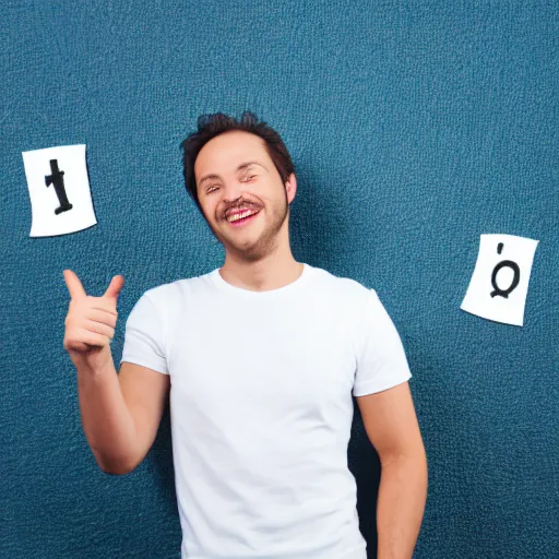 Image similar to stock photo of man smiling and pointing at the camera, white tee-shirt, blue pants, studio shot