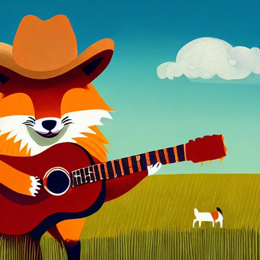 Image similar to a female fluffy anthropomorphic fox animal, wearing cowboy hat, wearing plaid shirt, playing guitar, in a field, barn in background, album cover style