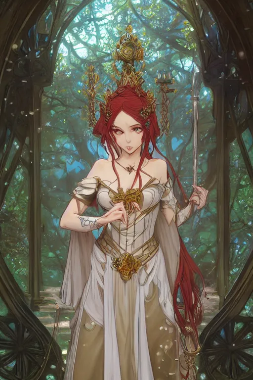 Image similar to anime key visual of amora the enchantress wearing a medieval gown!! intricate, magical forest, stunning, highly detailed, digital painting, artstation, smooth, hard focus, illustration, art by artgerm and greg rutkowski and alphonse mucha