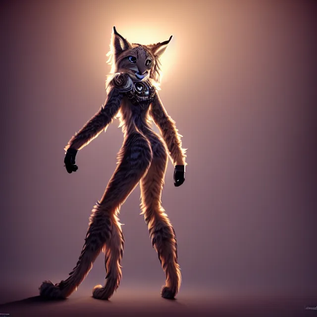 Image similar to the full body of anthropomorphic lynx fursona from behind wearing a steampunk suit as unimaginably beautiful, gorgeous, elegant, young woman with lynx head, an ultrafine hyperdetailed illustration by furaffinity, intricate linework, white fur, unreal engine 5 highly rendered, global illumination, radiant light, detailed and intricate environment