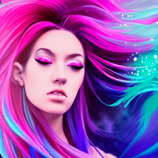 Image similar to a award winning half body portrait of a beautiful woman in a croptop with a ombre purple pink teal hairstyle with head in motion and hair flying, outrun, vaporware, vivid colors, highly detailed, fine detail, intricate