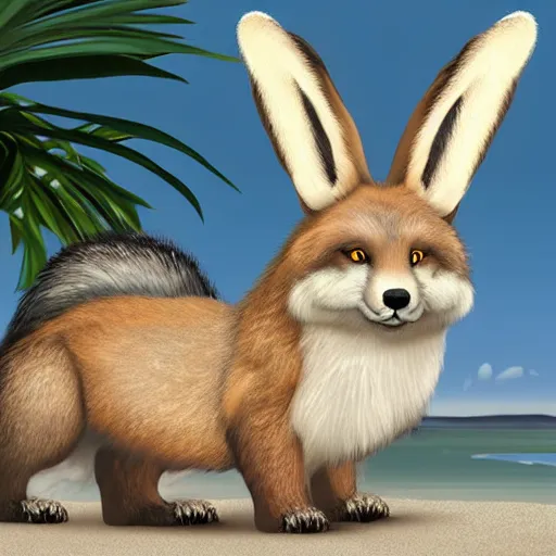 Image similar to a photorealistic adorable zany alluring chubby charming but vicious fennic fox wolf rabbit hybrid, with long floppy rabbit ears, wearing a bow on the top of its head, grinning at the camera with a mischievous look, sharp teeth, happy lighting, at a tropical beach