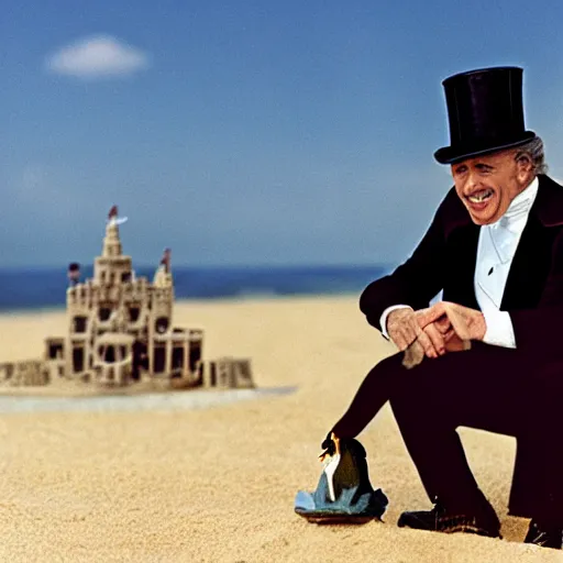 Prompt: the godfather wears a top hat and smiles. 5 0 mm, cinematic, technicolor. sea and beach and a sandcastle in the background.
