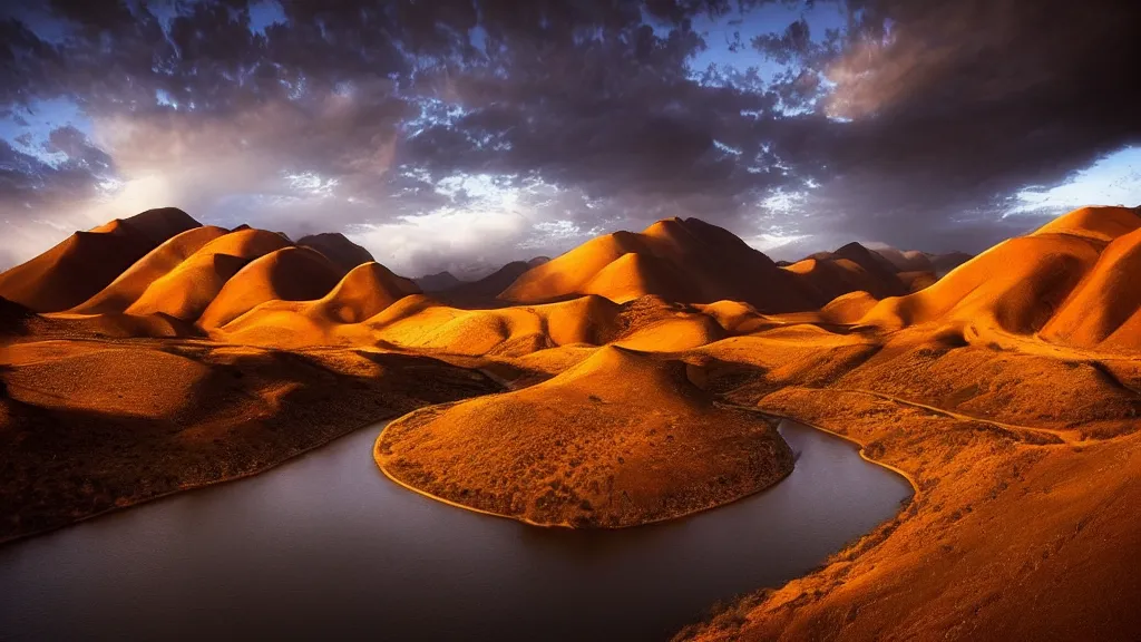 Prompt: amazing landscape photo of mountains with river in Namib landscape by marc adamus, beautiful dramatic lighting