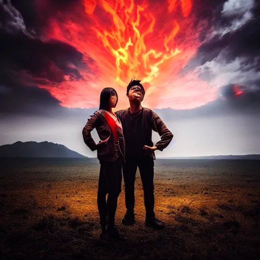 Image similar to photographic portrait, last battle on earth between a young asian woman and young man, sky in flames, apocalyptic, cinematic lighting, dark lighting, award winning, 8 k