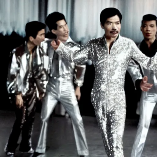 Image similar to A still of Ho Chi Minh wearing a disco suit in Saturday Night Fever