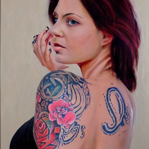 Image similar to painting of a beautiful woman with tattoos by hollis dunlap