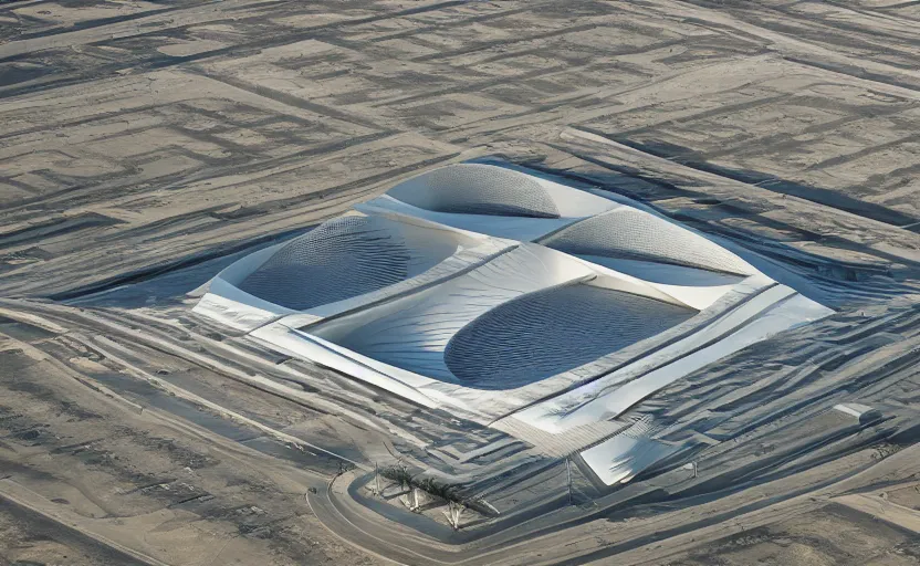 Image similar to parametric structure, medical complex, in the desert beside the gulf, view from above, design by rem norman foster, dezeen, architectural photography