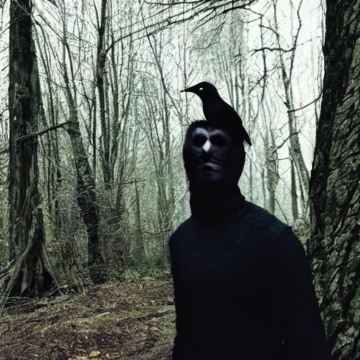 Image similar to werecreature consisting of a crow and a human, photograph captured in a dark forest