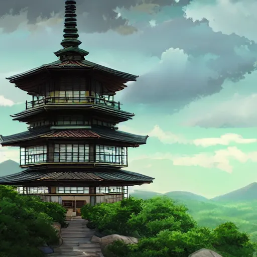 Prompt: a pagoda with a path surrounded by mountains, stormy weather. Makoto Shinkai, anime, trending on ArtStation, digital art. W- 2000