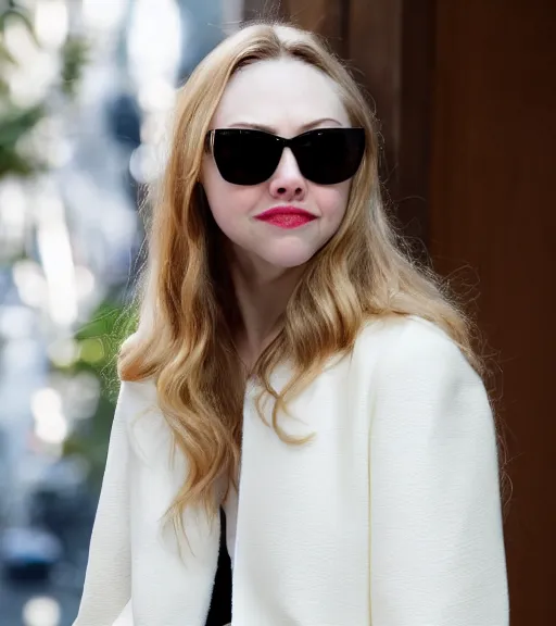 Prompt: detailed attractive characther portrait of amanda seyfried wearing oversized nilon white luxury jacket and wearing sunglasses, realistic, wide angle, dramatic light 8 k