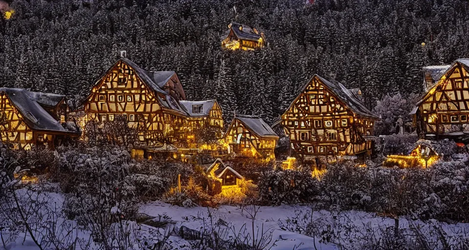 Prompt: an eerie abandoned village in the black forest at midnight illuminated by christmas lights