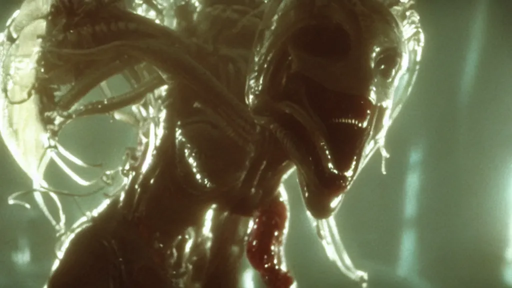 Image similar to film still of britney spears in Alien, xenomorph leaning upto her face, cinematic-shot, 4k