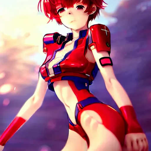 Image similar to digital anime art, wlop, rossdraws, sakimimichan, > > very small cute girl < < standing on a large table, red mech arms and red mech legs,