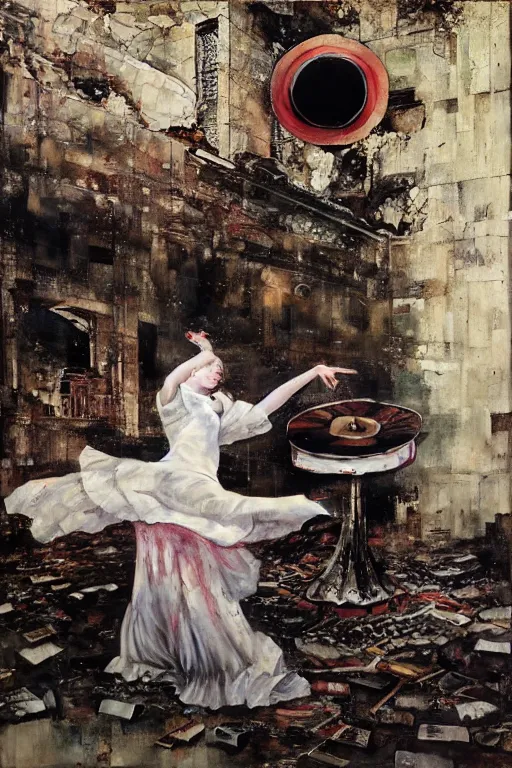 Image similar to A young woman dancing with her grandfather in front of a gramophone inside the ruined remained of a hospital, by Adrian Ghenie and Gerhard Richter part by Takato Yamamoto. 8k masterpiece, hyper detailed, sharp focus, Soft light 4K,