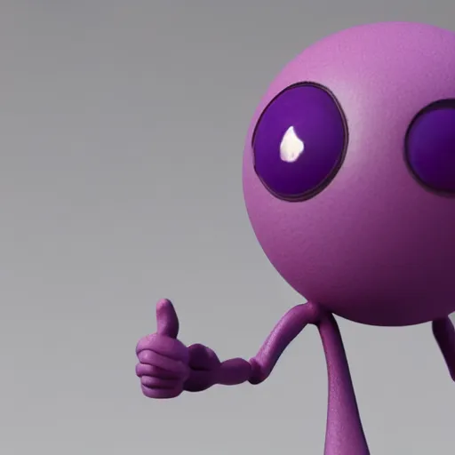 Image similar to photo of a comically tiny clay model of character with large spherical purple head and large childlike eyes with comically tiny body and spindly limbs leans close to the camera, fish eye lens, 4 k, hyper realistic, hyper detailed face, octane render, comedic, cute