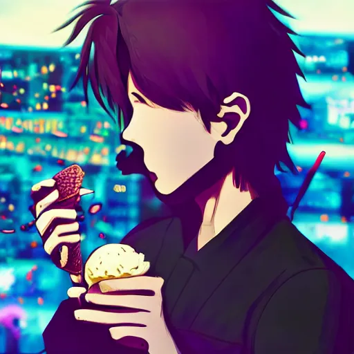 Image similar to anime joe biden eating ice cream, 3 5 mm film still, wired landscape, cyberpunk, volumetric lighting, photo realistic, digital art, anime background, violet colour palette, very detailed faces